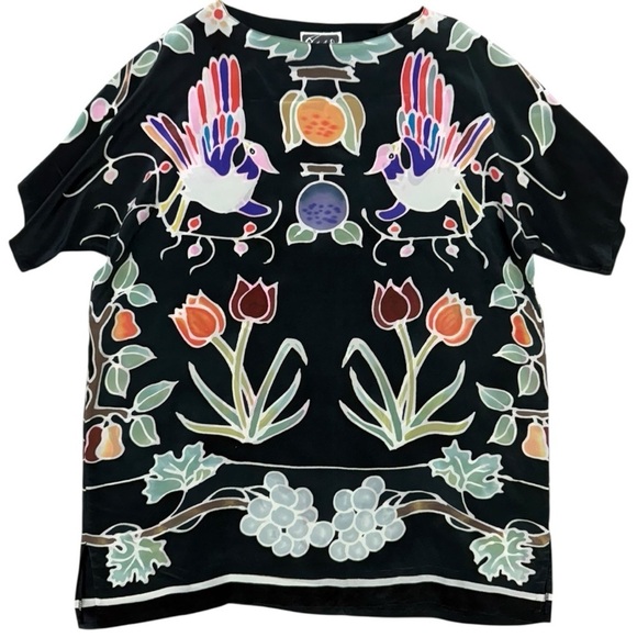 Vintage Art Waves Silk Floral Printed Tropical Bird Tunic, Oversized Small - Picture 10 of 11